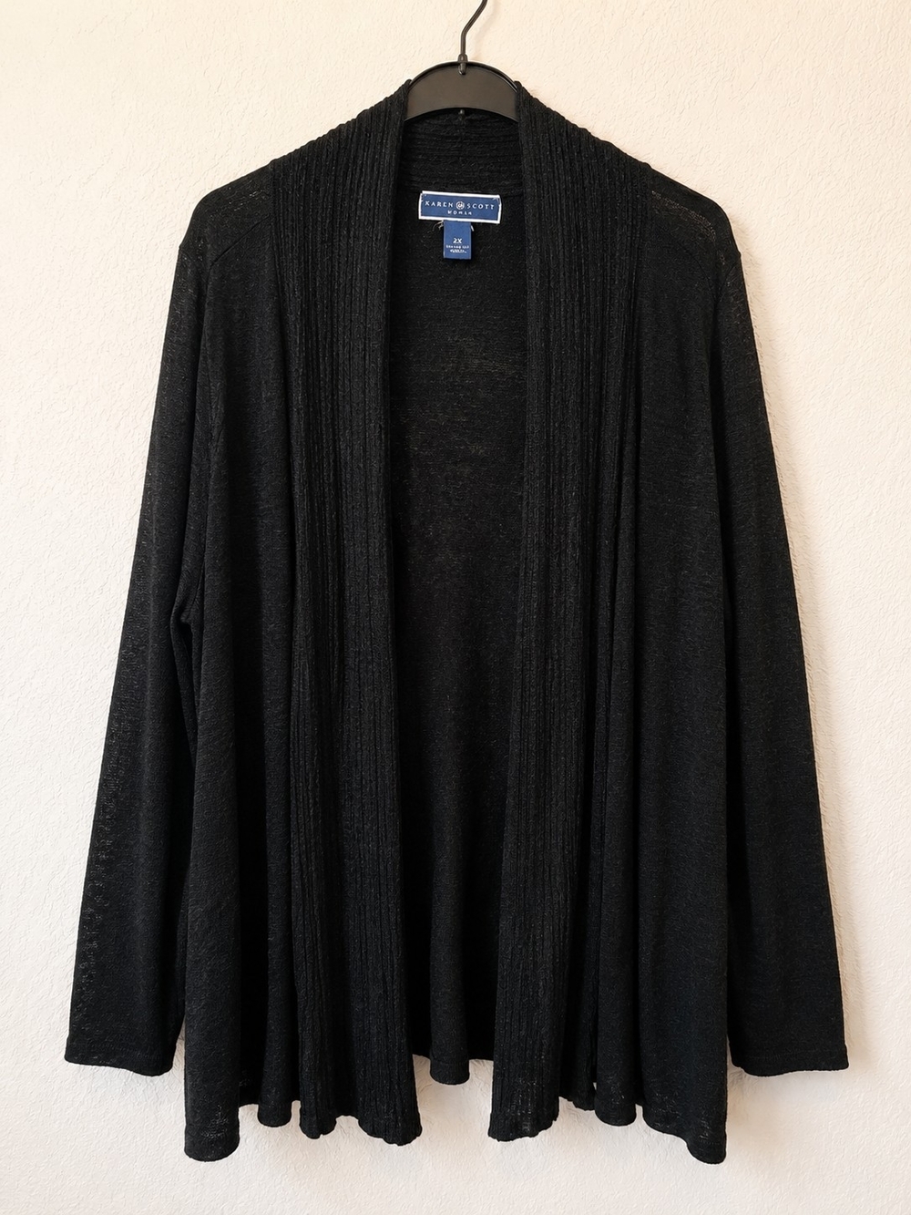 Karen Scott Black Ribbed Shawl-Collar Open Cardigan